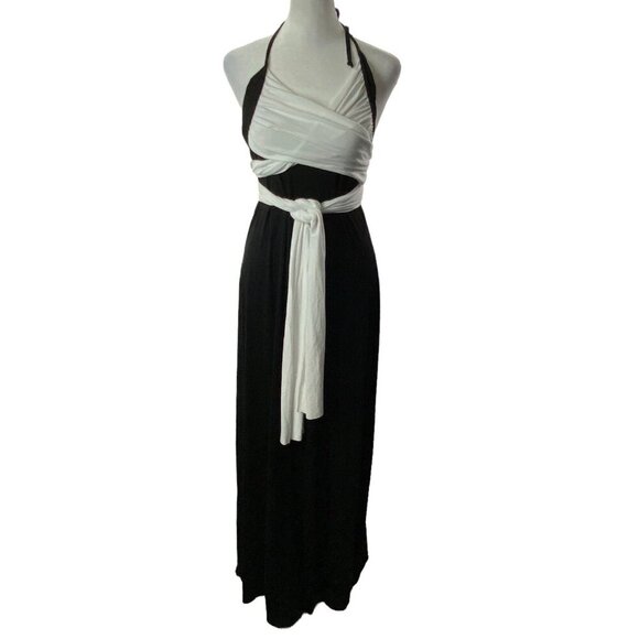 VENUS Women Maxi Dress Size L Black White Halter Wrap Detail Unique 4-8 - Picture 3 of 16